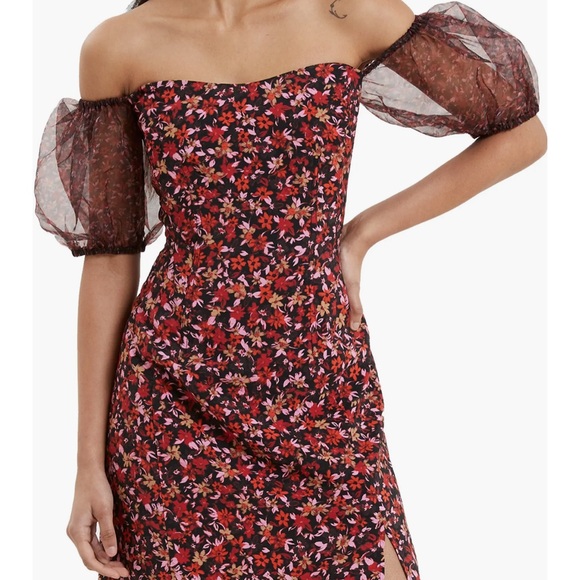 French Connection Clara Floral Off the Shoulder Puff Sleeve Dress size 6 Midi - Picture 2 of 9